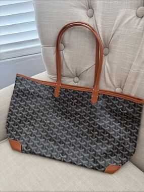 GOYARD Brown Patterned Tote Bag with Tan Trim